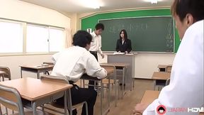 Two Asian dudes get down on the sluts wet pussy