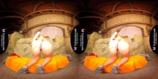 Solo girl, Daphne Klyde is using a black dildo, in VR