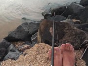 Rod in hand skinny dipping in the lake cheeky day with my feet - Manlyfoot Roadtrip - Sock sniffing