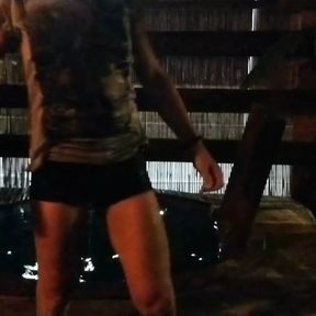 Alexa Cosmic swimming in pool after sauna in new t-shirt and black short sexy shorts. Wetlook in sauna.