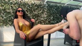 High heels and foot worship with hard kicks into his balls | Evilwoman