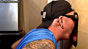 Tattooed gloryhole DILF sucks cock for cum in mouth at home