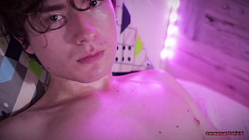 Hot twink Emmanuel Kokichi jerking his cute uncut cock with oil until he shoots a nice cum load