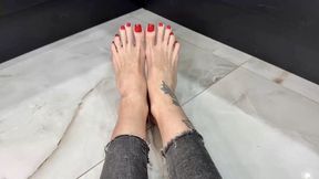 Long toes spreading, toe spread close ups, bare feet with red toenails polish