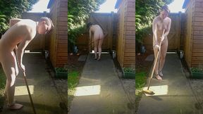 naked chained slave sweeping the path. i had orders not to let my heels touch the ground, hence the tiptoes
