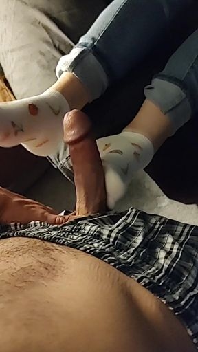White Fruity Ankle Sockjob Sock Footjob - Cum on Socks