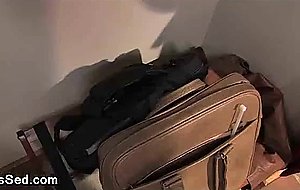 Brunette tranny fucks handcuffed guy to a bed frame