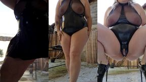 body en cuire, jupe en cuire, chaussures en cuire avec talons de 18cm...