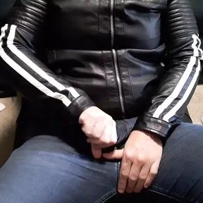 Gay jerk off in leather biker jacket