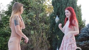 Two friends make amateur lesbian strip game with big tits