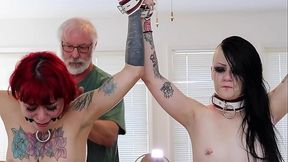 Petite tattooed babe takes it hard in a 3some with leather restraints