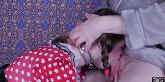 Teen slave Anastasia Rose deep throats and gives a facial