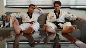 Young Karate Fighters Tickling Each Other Their Feet With Different Tickle Tools