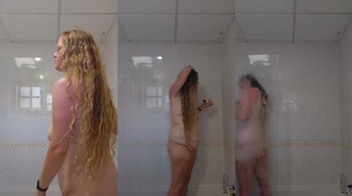 Blonde BBW stripped teases in hotel shower gets soapy big tits lathered