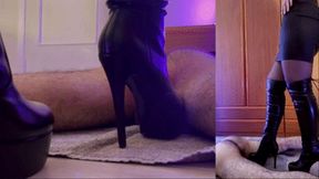 Cock Trampling and Bootjob in Leather Knee High Heels - Tamystarly - Cock Balls Crush Trample, Shoejob, CBT, Stomping