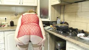 Filthy Hot Mom whips up a steamy meal sans undies, flaunting lush cleavage and curvy ass&#x1F351; in see-through lingerie.