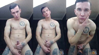 Tattooed skinny guy milks his precum till its glistening on my hands