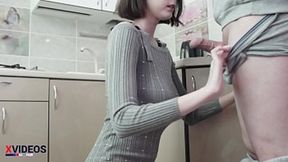 Big-titted cutie sucks dick&#x1F32D;, takes pants off mid-kitchen, gets face-fucked & covered in sperm!