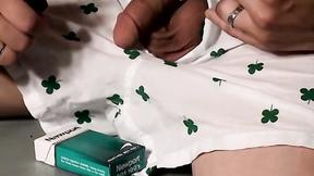 ”Charismatic Justin lights up his smoke after he shoots his loads on his chest”