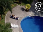Spying my sexy MILF neighbor by the pool, voyeur fetish