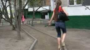 Public pissing video with long-haired brunette Olga