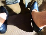 Pedal pumping crossdresser in high heels Stalled car