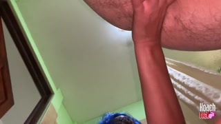 blue slut sucks my ass and fingers me while she is in the bathroom pissing