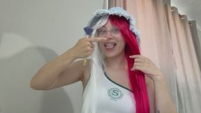cosplay girl making exotic faces on face, mouth, lips, teeth