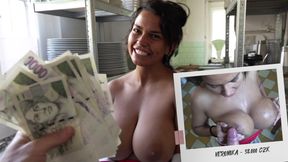 Authentic Czech street beauty sucks cock and shows off big clit in public kitchen