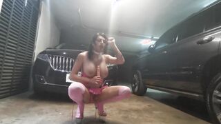 Sissy superslut rectal masturbing in the garage