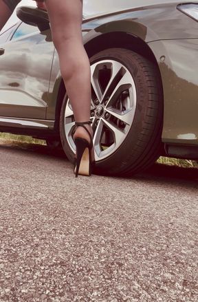 Crossdresser husband country flashing. High heels, stockings panties.  Wanking, but no cum yet.