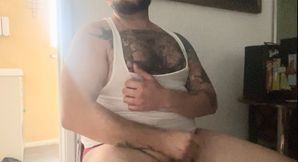 young latino hunk daddy bear muscle cub jacks off pierced dick stud flexing in tank top and nipple play