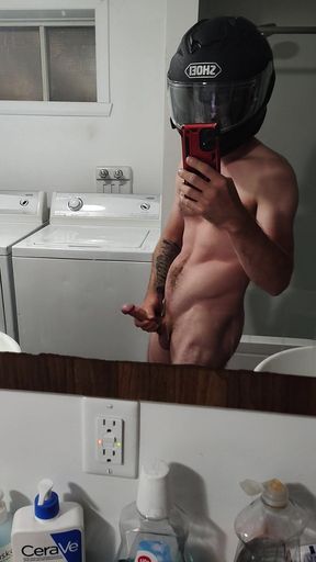 Skinny muscled cut gym bro biker masturbating