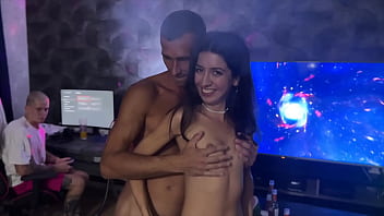 While the cuckold was playing a new game on the console, his unfaithful slut was fucked by guys at a party and cummed on