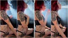 Chain smoking and masturbating, profile view
