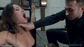 Brunette in stockings gets feet whipped and fucked