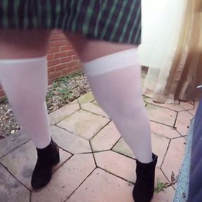 Mom in school uniform with white stockings