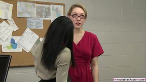 Blonde babe licked by busty ebony boss