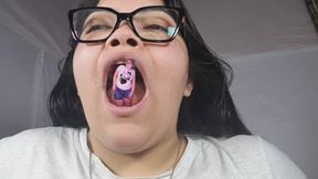 Giant Nerd traps his fat pig friend in his mouth