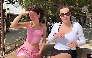 Public pickup stepmom and stepdaughter on beach - risky dick flashing cum on face