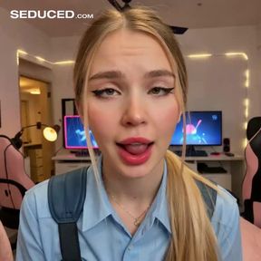 ahegao, a young, blonde Caucasian woman with, video created by AI
