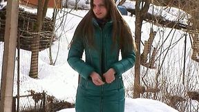 Auburn haired Russian teen pisses on the snow in the backyard