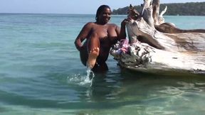 Fat black BBW flashes her big tits on the beach during her horny outdoor solo