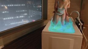 Amateur couple are lovey-dovey in hotel bath with night view. And intense sex with standing back. Japanese amateur hentai