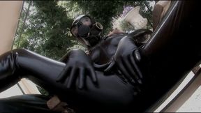 Black rubber encasement slut with gas mask and nipple clamp jerks off and enjoys pussy fingering with latex gloves - Part 1 of 2 (Full HD)