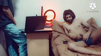 Twink flashes his big uncut cock to roommate and jerks off