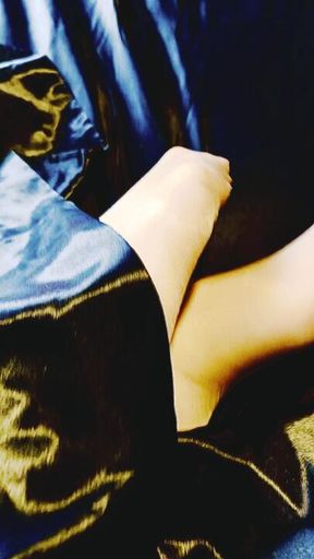 Silky Tan Pantyhose Feet Playing in Silky Satin Black Sheets.