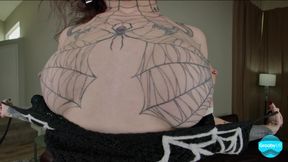GROOBYVR Tattooed Trans Beauty with Spiderweb Chest Ink in Intense VR Couch Scene