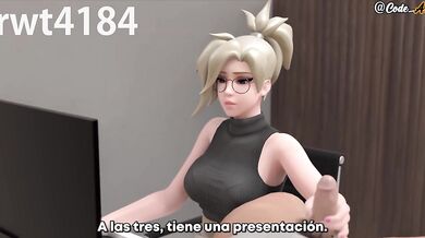 Mercy overflows her creampie in the animated office desk scene