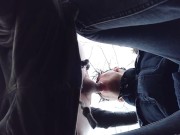 Sucking cock till cum drips out of mouth - view from below